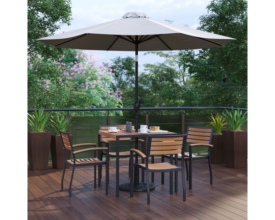 BLNK Lark Outdoor Patio Table Set with 4 Synthetic Teak Stackable Chairs, Square Table, Umbrella and Base - Gray