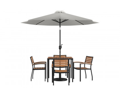 BLNK Lark Outdoor Patio Table Set with 4 Synthetic Teak Stackable Chairs, Square Table, Umbrella and Base - Gray