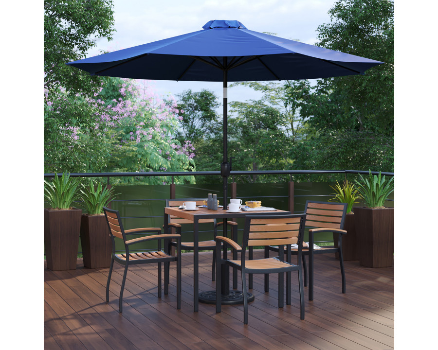 BLNK Lark Outdoor Patio Table Set with 4 Synthetic Teak Stackable Chairs, Square Table, Umbrella and Base