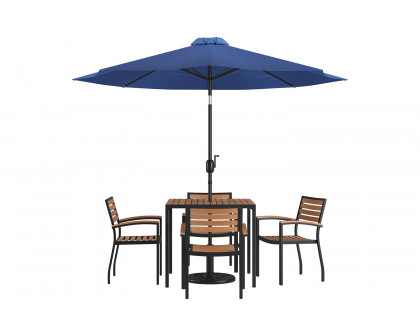 BLNK Lark Outdoor Patio Table Set with 4 Synthetic Teak Stackable Chairs, Square Table, Umbrella and Base