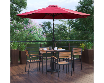 BLNK Lark Outdoor Patio Table Set with 4 Synthetic Teak Stackable Chairs, Square Table, Umbrella and Base