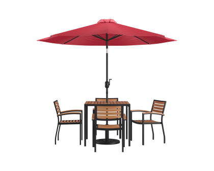 BLNK Lark Outdoor Patio Table Set with 4 Synthetic Teak Stackable Chairs, Square Table, Umbrella and Base - Red