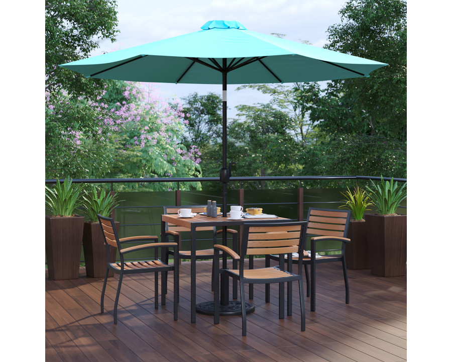 BLNK Lark Outdoor Patio Table Set with 4 Synthetic Teak Stackable Chairs, Square Table, Umbrella and Base - Teal