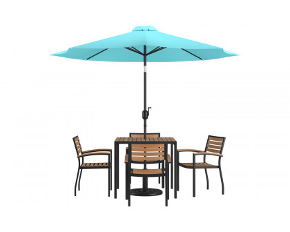 BLNK Lark Outdoor Patio Table Set with 4 Synthetic Teak Stackable Chairs, Square Table, Umbrella and Base - Teal