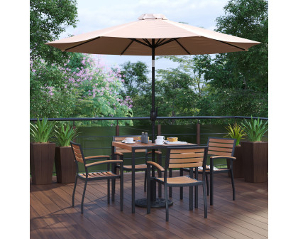 BLNK Lark Outdoor Patio Table Set with 4 Synthetic Teak Stackable Chairs, Square Table, Umbrella and Base