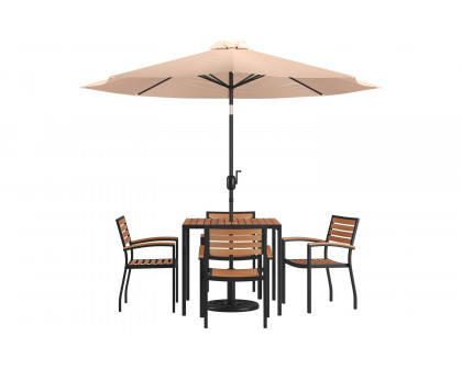 BLNK Lark Outdoor Patio Table Set with 4 Synthetic Teak Stackable Chairs, Square Table, Umbrella and Base - Tan