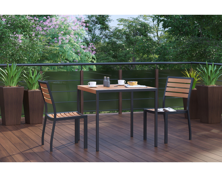 BLNK - Lark Patio Table Set with Synthetic Teak Poly Slats, 35" Square Steel Framed Table with 2 Stackable Faux Teak Chairs