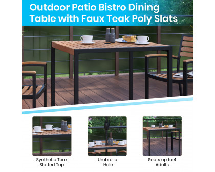 BLNK - Lark Patio Table Set with Synthetic Teak Poly Slats, 35" Square Steel Framed Table with 2 Stackable Faux Teak Chairs