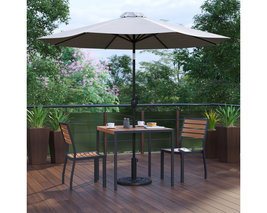 BLNK All-Weather Deck or Patio Set with 2 Stacking Faux Teak Chairs, 35" Square Faux Teak Table, Umbrella and Base - Gray