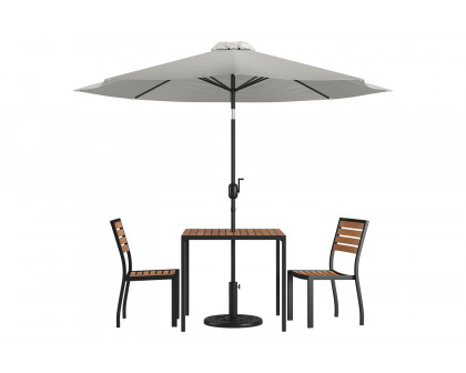 BLNK All-Weather Deck or Patio Set with 2 Stacking Faux Teak Chairs, 35" Square Faux Teak Table, Umbrella and Base - Gray