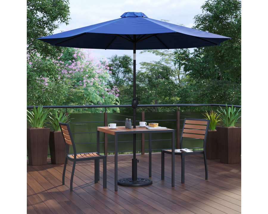 BLNK All-Weather Deck or Patio Set with 2 Stacking Faux Teak Chairs, 35" Square Faux Teak Table, Umbrella and Base - Navy