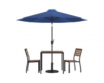 BLNK All-Weather Deck or Patio Set with 2 Stacking Faux Teak Chairs, 35" Square Faux Teak Table, Umbrella and Base - Navy