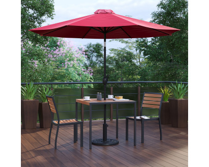 BLNK All-Weather Deck or Patio Set with 2 Stacking Faux Teak Chairs, 35" Square Faux Teak Table, Umbrella and Base