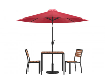 BLNK All-Weather Deck or Patio Set with 2 Stacking Faux Teak Chairs, 35" Square Faux Teak Table, Umbrella and Base - Red