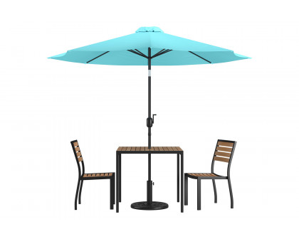 BLNK All-Weather Deck or Patio Set with 2 Stacking Faux Teak Chairs, 35" Square Faux Teak Table, Umbrella and Base