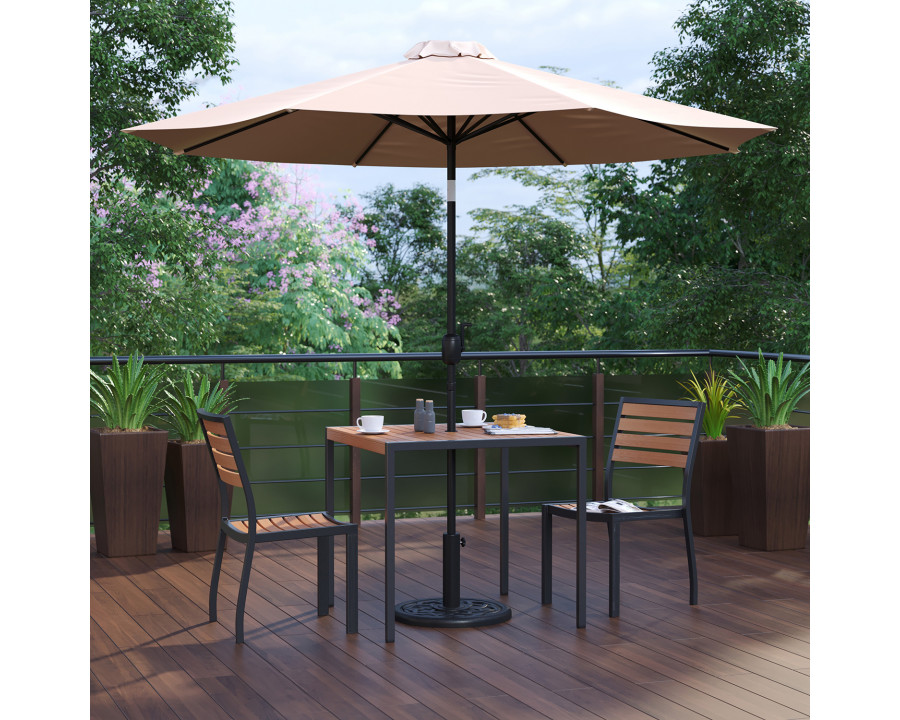 BLNK All-Weather Deck or Patio Set with 2 Stacking Faux Teak Chairs, 35" Square Faux Teak Table, Umbrella and Base - Tan