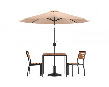 BLNK All-Weather Deck or Patio Set with 2 Stacking Faux Teak Chairs, 35" Square Faux Teak Table, Umbrella and Base - Tan