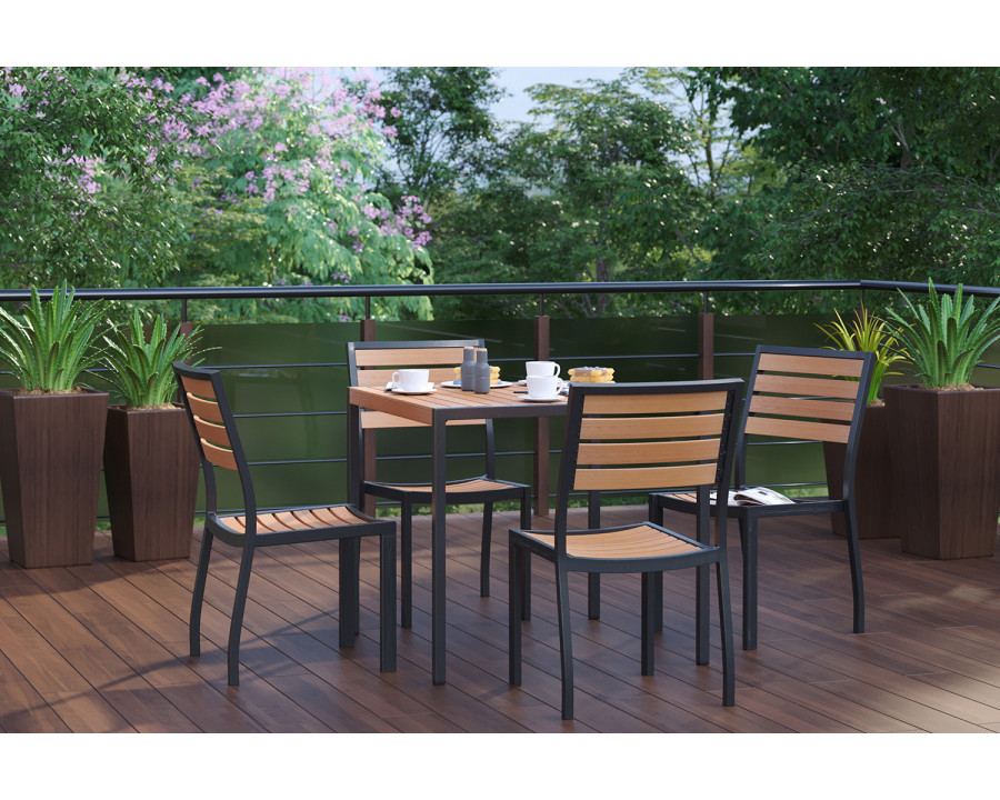 BLNK - Lark Patio Table Set with Synthetic Teak Poly Slats, 35" Square Steel Framed Table and 4 Stackable Faux Teak Chairs