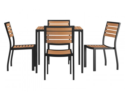 BLNK - Lark Patio Table Set with Synthetic Teak Poly Slats, 35" Square Steel Framed Table and 4 Stackable Faux Teak Chairs