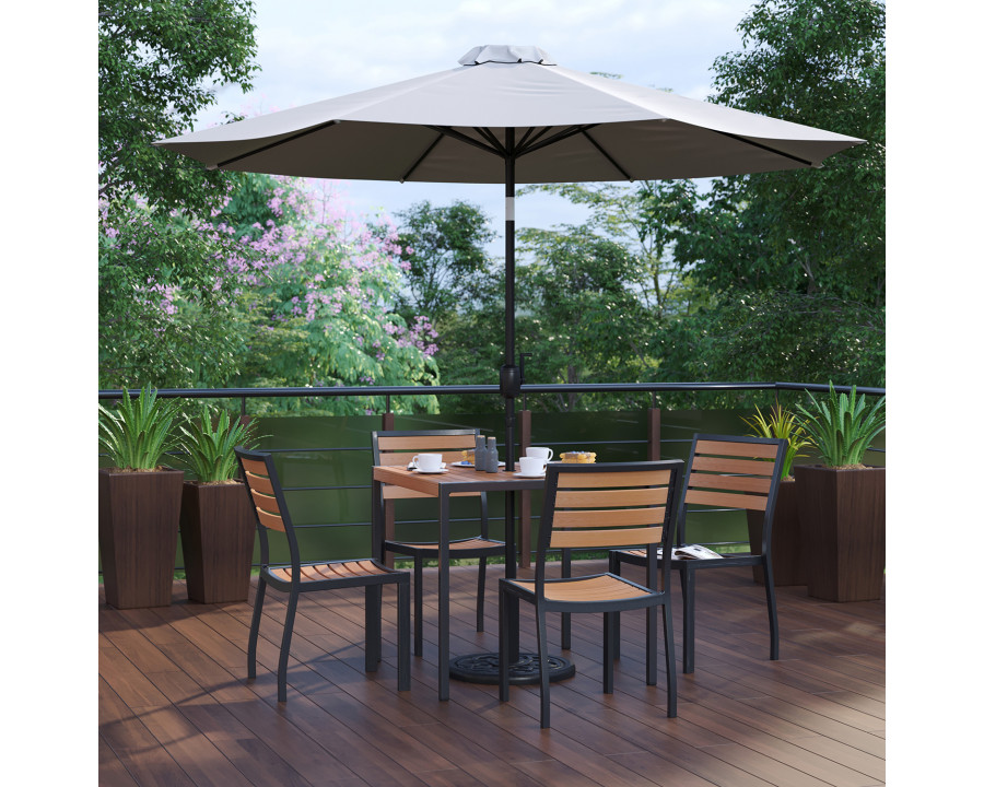 BLNK All-Weather Deck or Patio Set with 4 Stacking Faux Teak Chairs, 35" Square Faux Teak Table, Umbrella and Base - Gray