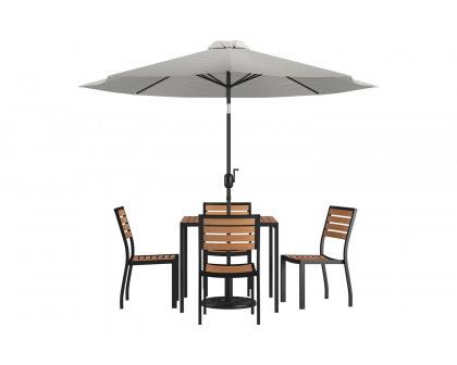 BLNK All-Weather Deck or Patio Set with 4 Stacking Faux Teak Chairs, 35" Square Faux Teak Table, Umbrella and Base - Gray