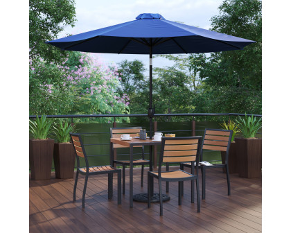 BLNK All-Weather Deck or Patio Set with 4 Stacking Faux Teak Chairs, 35" Square Faux Teak Table, Umbrella and Base