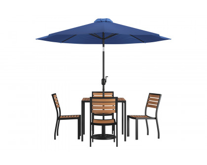 BLNK All-Weather Deck or Patio Set with 4 Stacking Faux Teak Chairs, 35" Square Faux Teak Table, Umbrella and Base - Navy