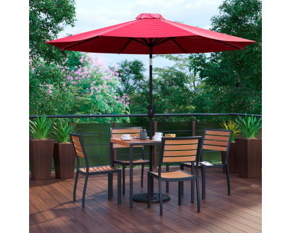 BLNK All-Weather Deck or Patio Set with 4 Stacking Faux Teak Chairs, 35" Square Faux Teak Table, Umbrella and Base