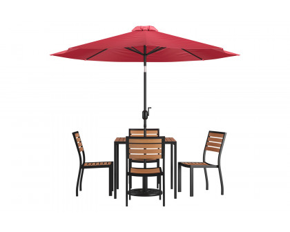 BLNK All-Weather Deck or Patio Set with 4 Stacking Faux Teak Chairs, 35" Square Faux Teak Table, Umbrella and Base - Red