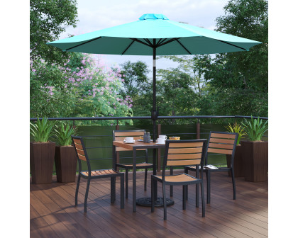 BLNK All-Weather Deck or Patio Set with 4 Stacking Faux Teak Chairs, 35" Square Faux Teak Table, Umbrella and Base