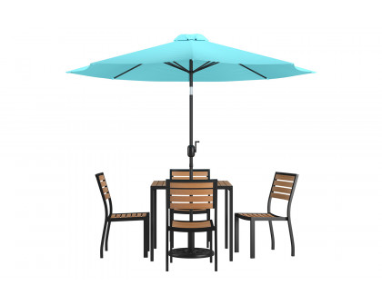 BLNK All-Weather Deck or Patio Set with 4 Stacking Faux Teak Chairs, 35" Square Faux Teak Table, Umbrella and Base - Teal