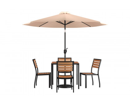 BLNK All-Weather Deck or Patio Set with 4 Stacking Faux Teak Chairs, 35" Square Faux Teak Table, Umbrella and Base