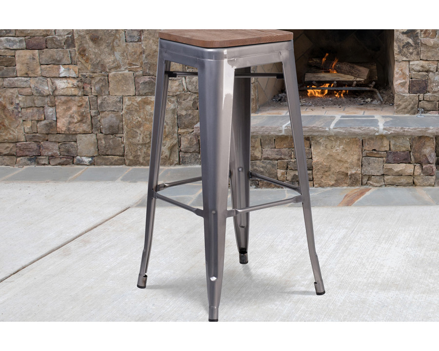 BLNK - Lincoln Clear Coated Metal Backless Bar Stool with Square Wood Seat