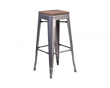 BLNK - Lincoln Clear Coated Metal Backless Bar Stool with Square Wood Seat