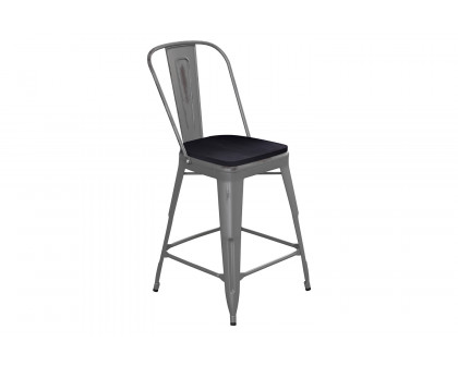 BLNK Lincoln Clear Coated Indoor Counter Height Stool with Back and Poly Resin Wood Seat - Black