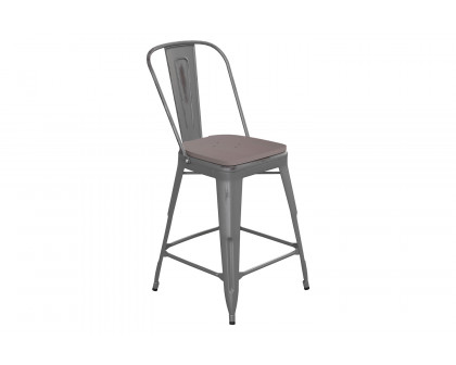 BLNK Lincoln Clear Coated Indoor Counter Height Stool with Back and Poly Resin Wood Seat - Gray