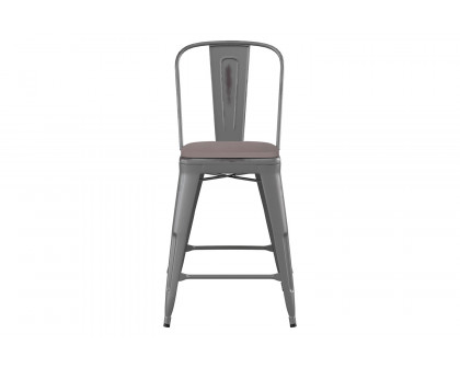 BLNK Lincoln Clear Coated Indoor Counter Height Stool with Back and Poly Resin Wood Seat - Gray