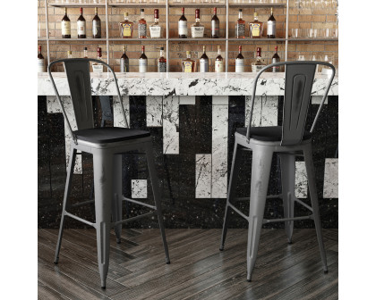 BLNK Lincoln Clear Coated Metal Clear Coated Indoor Bar Stool with Back and Poly Resin Wood Seat - Black