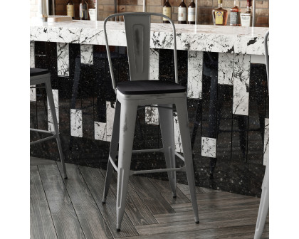 BLNK Lincoln Clear Coated Metal Clear Coated Indoor Bar Stool with Back and Poly Resin Wood Seat - Black