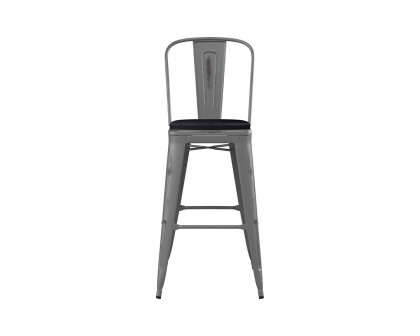 BLNK Lincoln Clear Coated Metal Clear Coated Indoor Bar Stool with Back and Poly Resin Wood Seat - Black