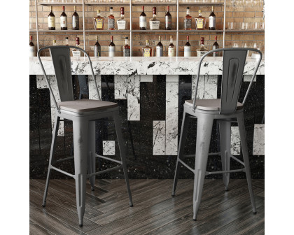 BLNK Lincoln Clear Coated Metal Clear Coated Indoor Bar Stool with Back and Poly Resin Wood Seat