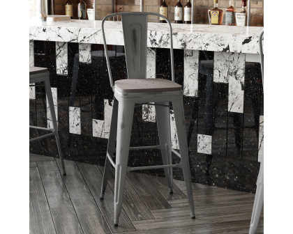 BLNK Lincoln Clear Coated Metal Clear Coated Indoor Bar Stool with Back and Poly Resin Wood Seat - Gray