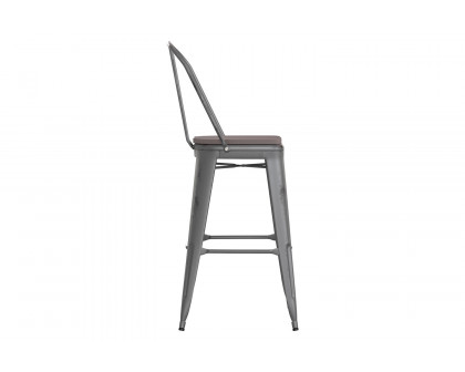 BLNK Lincoln Clear Coated Metal Clear Coated Indoor Bar Stool with Back and Poly Resin Wood Seat - Gray