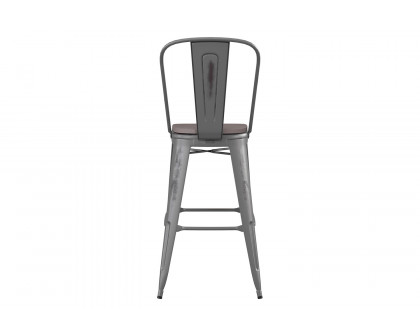 BLNK Lincoln Clear Coated Metal Clear Coated Indoor Bar Stool with Back and Poly Resin Wood Seat - Gray