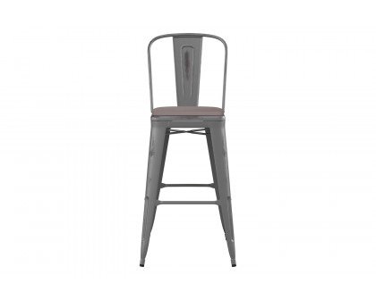 BLNK Lincoln Clear Coated Metal Clear Coated Indoor Bar Stool with Back and Poly Resin Wood Seat - Gray