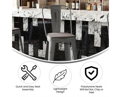 BLNK Lincoln Clear Coated Metal Clear Coated Indoor Bar Stool with Back and Poly Resin Wood Seat - Gray