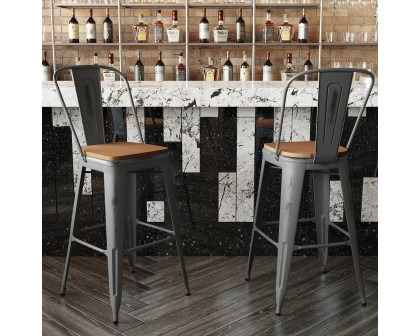 BLNK Lincoln Clear Coated Metal Clear Coated Indoor Bar Stool with Back and Poly Resin Wood Seat - Teak