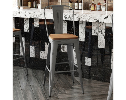 BLNK Lincoln Clear Coated Metal Clear Coated Indoor Bar Stool with Back and Poly Resin Wood Seat - Teak