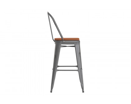 BLNK Lincoln Clear Coated Metal Clear Coated Indoor Bar Stool with Back and Poly Resin Wood Seat - Teak