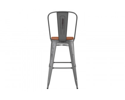 BLNK Lincoln Clear Coated Metal Clear Coated Indoor Bar Stool with Back and Poly Resin Wood Seat - Teak